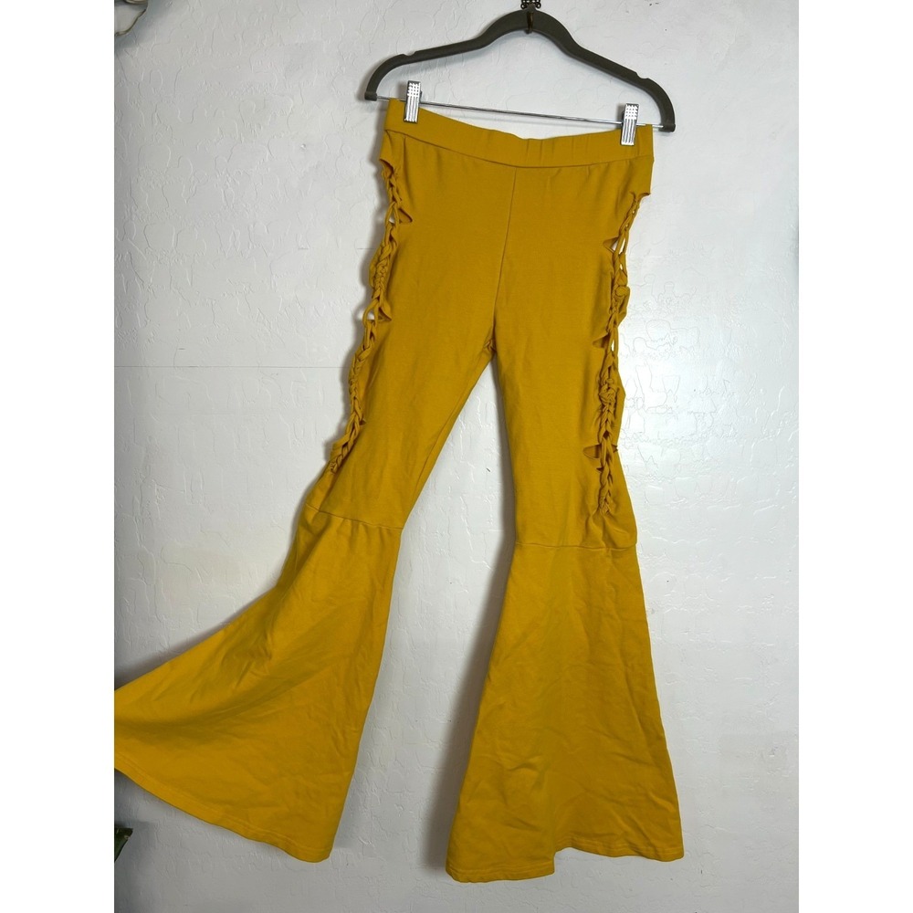 Labijou Mustard Yellow Flare Pants Womens L Braided Cutout Bell Bottom Stretch